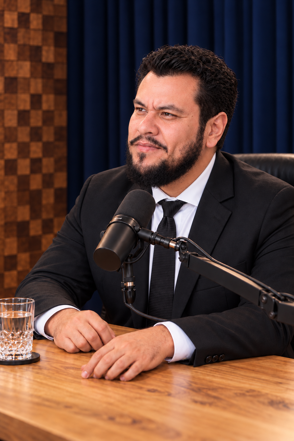 Retrato de Kin Levi sentado en un estudio de pódcast