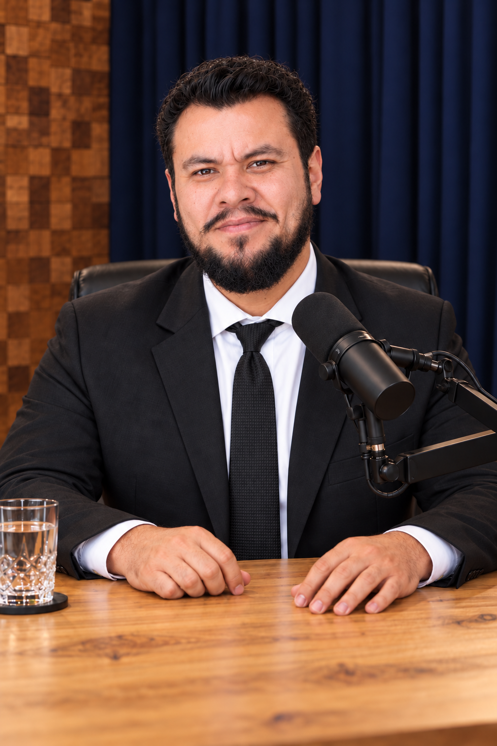 Retrato de Kin Levi sentado en un estudio de pódcast
