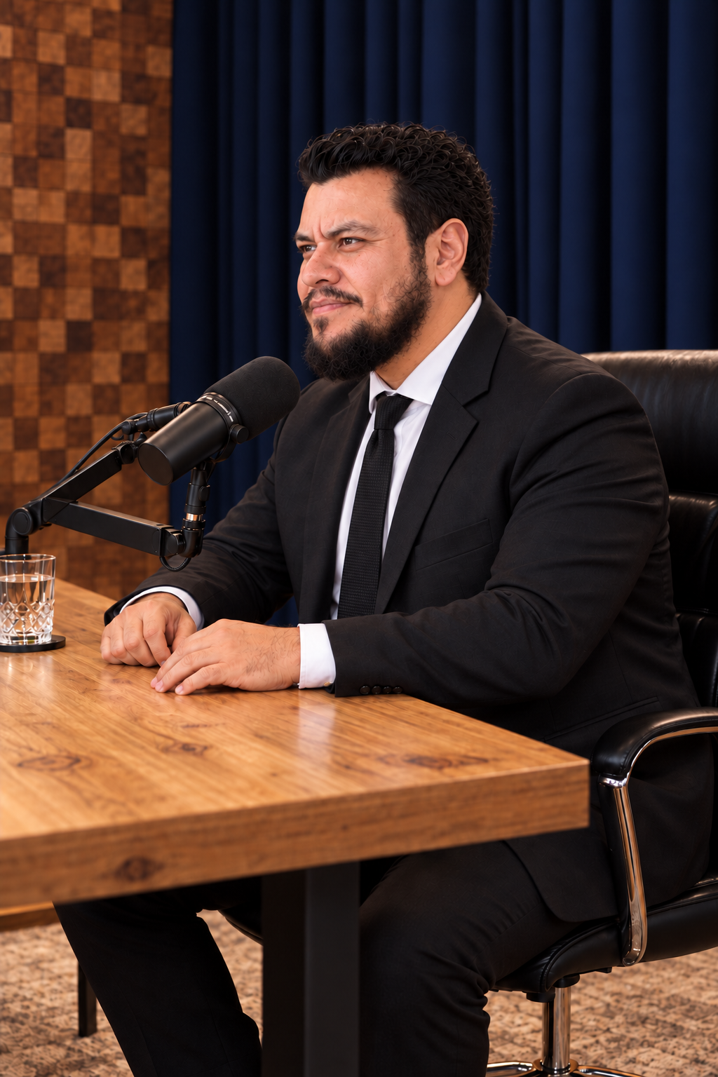Retrato de Kin Levi sentado en un estudio de pódcast