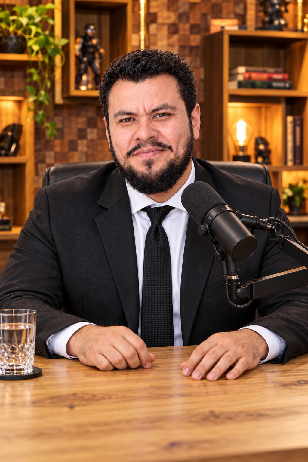 Retrato de Kin Levi sentado en un estudio de pódcast