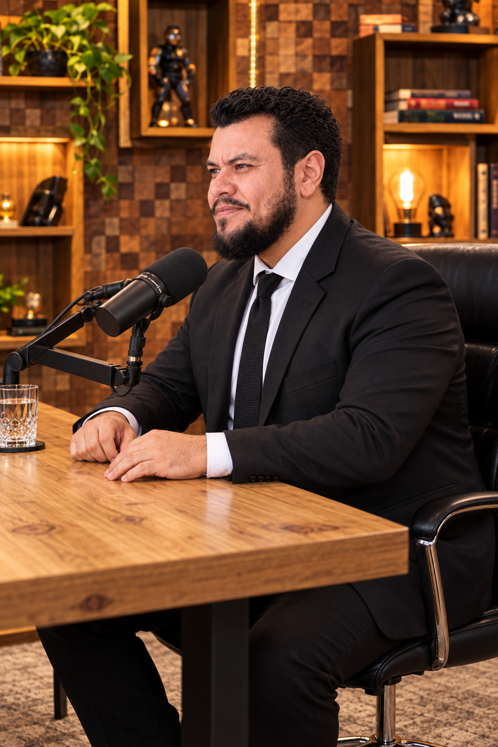 Retrato de Kin Levi sentado en un estudio de pódcast