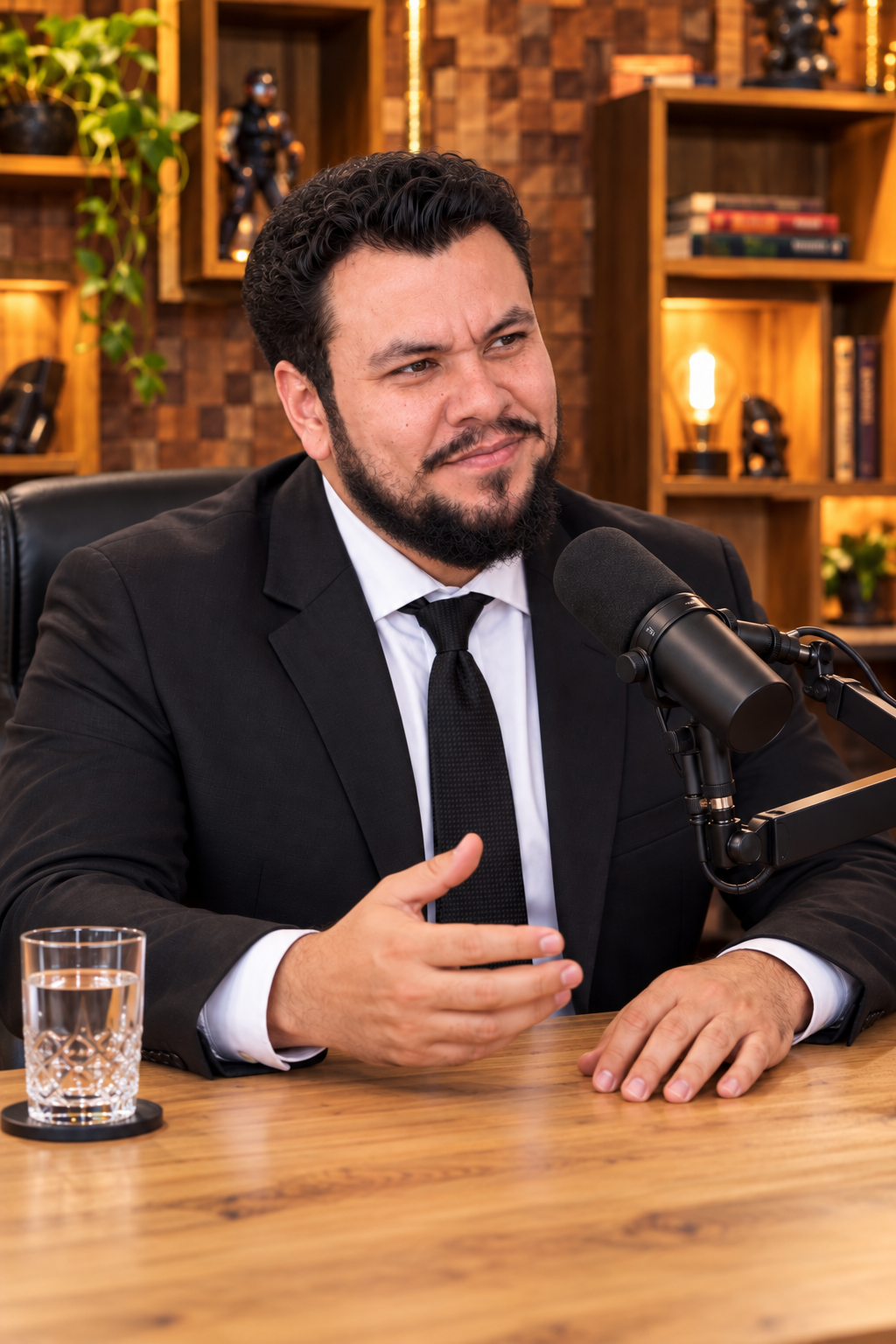 Retrato de Kin Levi sentado en un estudio de pódcast